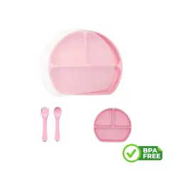 GENERICO - Plato Silicona Bebe Base Adherible Con tapa Y Cubiertos
