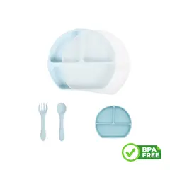 GENERICO - Plato Silicona Bebe Base Adherible Con tapa Y Cubiertos