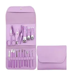 GENERICO - KIT SET JUEGO PEDICURE MANICURE CORTAUÑAS ACERO INOXIDABLE X 16-MORADO