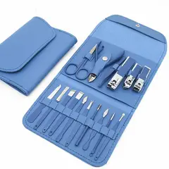 GENERICO - KIT SET JUEGO PEDICURE MANICURE CORTAUÑAS ACERO INOXIDABLE X 16-AZUL