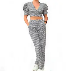 VIA7 - Conjunto americano de blusa corta de mangas bombacha y pantalon