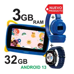 KRONO - Tablet 3GB RAM 7 Pulgadas Niños Android 13 32GB Wifi + DIADEMA + RELOJ AZUL.
