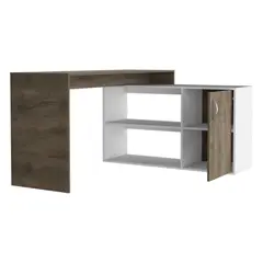RTA DESIGN - Escritorio En L Moscú Nogal y Blanco con Un Cajón y Dos Entrepaños