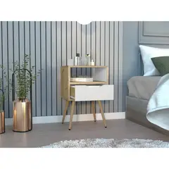 RTA DESIGN - Mesa de Noche Alesio Café Claro y BlancoPatas en Madera y un Cajón
