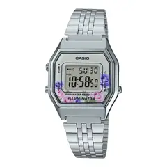 CASIO - Reloj Para Mujer Vintage LA680WA-4CDF Retro Original Plateado Con Diseño Floral