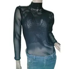 VIA7 - Blusa malla larga manga larga transparente cuello alto con top