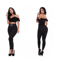 VIA7 - Leggins talle alto negro para mujer con pretina plateada elegante