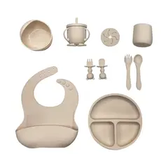FRAGOLA KIDS - Kit Alimentación Vajilla Silicona Bebe 12 Pzas Con Tapa Beige