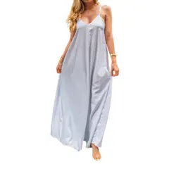 VIA7 - Vestido bataola amplio blanco de tiras largo mujer moda casual