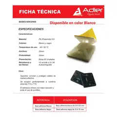ADLER - Bases Adhesivas Ul 94, 25x25mm Por 50 Unidades Marca (blanco).