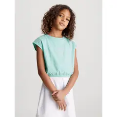 CALVIN KLEIN - Camiseta azul boxy con logo aterciopelado para niña