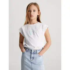 CALVIN KLEIN - Camiseta blanca boxy con logo aterciopelado para niña