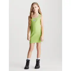 CALVIN KLEIN - Vestido verde de tirantes de canalé de algodón para niña
