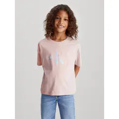 CALVIN KLEIN - Camiseta rosada con monograma boxy para niña