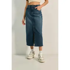 KOAJ - Falda azul oscura larga de jean con abertura y tiro alto MUJER