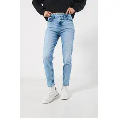 KOAJ - Jean mom súper tiro alto azul con bota recta y desgaste Mujer