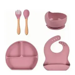 GENERICO - Vajillas para bebe cucharatenedor y babero silicona rosado