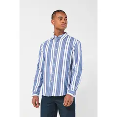 KOAJ - Camisa cuello sport collar azul a rayas con manga larga Hombre