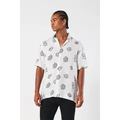 KOAJ - Camisa crema clara manga corta con diseños de Keith Harin HOMBRE