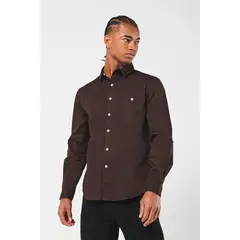 KOAJ - Camisa unicolor con manga larga y bolsillo cuadrado Hombre