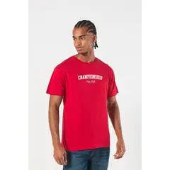 KOAJ - Camiseta roja oscura manga corta con arte college en fr Hombre