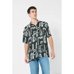 KOAJ - Camisa manga corta negra estampada con cuello sport Hombre