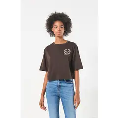 KOAJ - Camiseta café oscura crop top oversize college Mujer