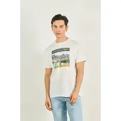KOAJ - Camiseta crema clara con diseño de paisaje y manga cort Hombre