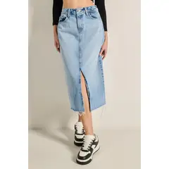 KOAJ - Falda azul clara larga en jean para mujer cuenta con 5 bo MUJER