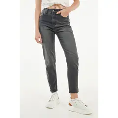 KOAJ - Jean mom gris oscuro con tiro súper alto y bota recta c Mujer