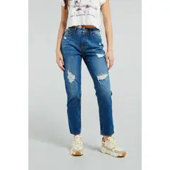 KOAJ - Jean boy friend tiro alto azul oscuro sin rotos. Mujer