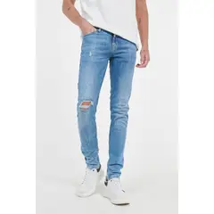 KOAJ - Jean slim azul con tiro bajo, 5 bolsillos y rotos en fren HOMBRE