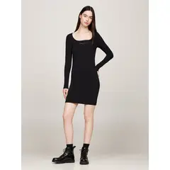 TOMMY HILFIGER - Vestido negro ajustado de manga larga Tommy Jeans