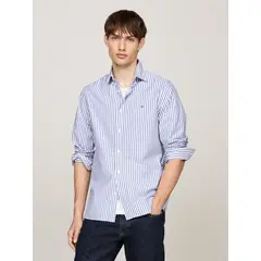 TOMMY HILFIGER - Camisa azul slim de popelín a rayas TH Flex