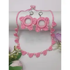 GENERICO - Juego Collar y Aretes Crochet Perla rosado