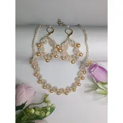 GENERICO - Juego Collar y Aretes Crochet Perla Beige