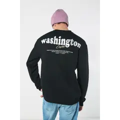 KOAJ - Buzo negro cuello redondo oversize con texto college HOMBRE