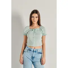 KOAJ - Blusa crop unicolor con manga corta y botones en frente Mujer