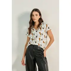 KOAJ - Blusa unicolor con escote en V, hombro rodado y manga s Mujer