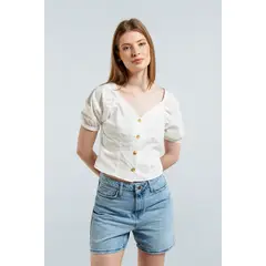 KOAJ - Blusa blanca con escote en V, manga corta aglobada y b Mujer