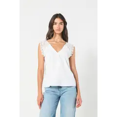 KOAJ - Blusa crema clara con escote en V y hombros en encaje Mujer