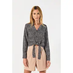 KOAJ - Blusa crop top unicolor estampada con nudo delantero Mujer