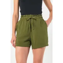 KOAJ - Short en tela tiro alto verde oscuro con cordón en cint Mujer