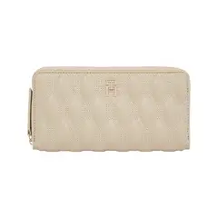 TOMMY HILFIGER - Billetera beige de cuero acolchada con cremallera