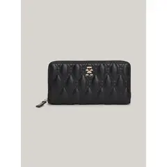 TOMMY HILFIGER - Billetera negra de cuero acolchada con cremallera