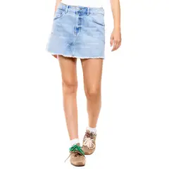 COLOR BLUE - Falda Corta En Denim Con Ruedo Desflecado