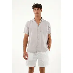 TENNIS - Camisa gris manga corta en 100% lino para hombre