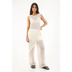TOPMARK - Pantalón Recto de tejido abierto crudo para mujer