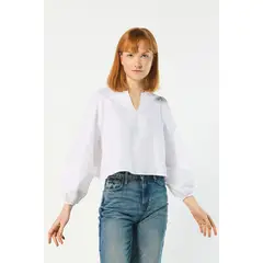 KOAJ - Blusa crema clara con escote en V y manga larga aglobada MUJER