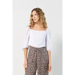 KOAJ - Blusa blanca crop top con manga 3/4 aglobada Mujer